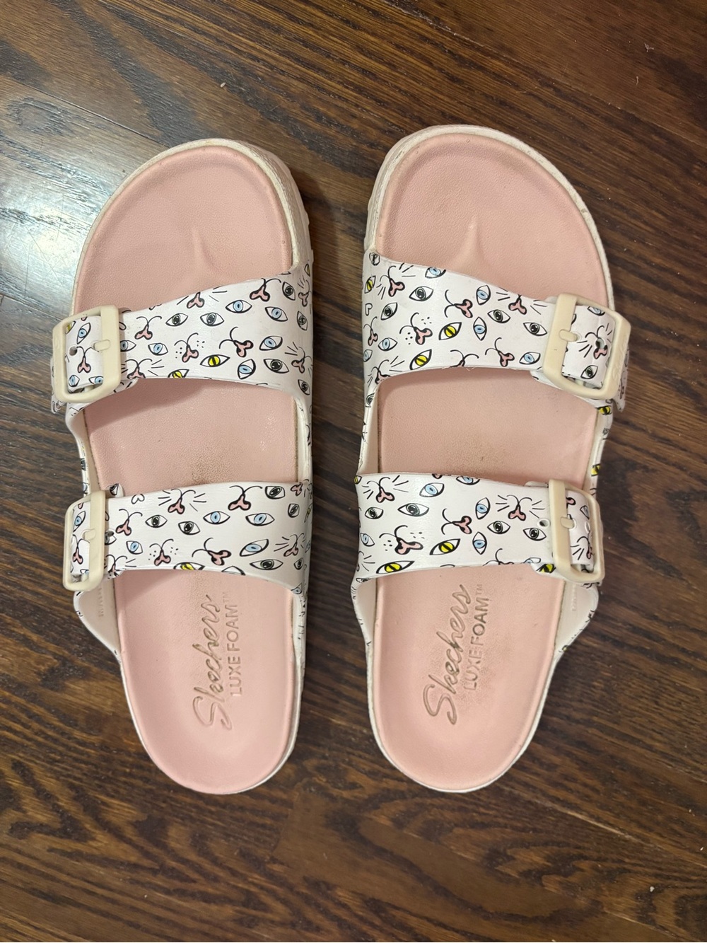 Skechers sandals slip on slides cat lovers shoes pink white comfy rubber